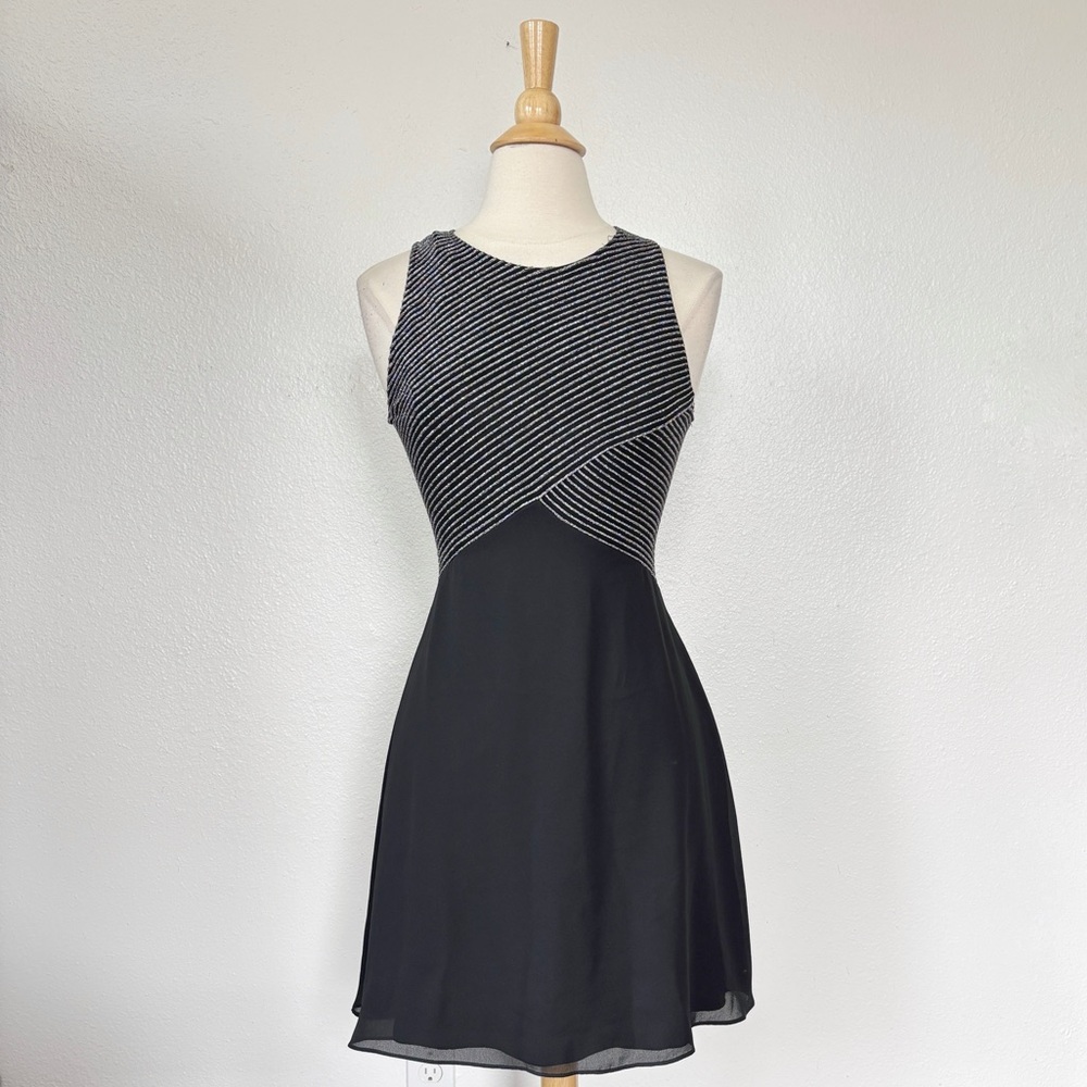 Rhapsody Black and Silver Striped Sleeveless Cocktail Dress